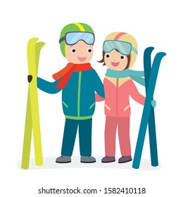 Cartoon couple hold skis in hands. Happy people enjoying winter vacation. Ski equipment. Cute sport humans characters isolated on white background. Flat vector illustration
