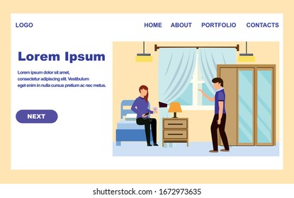 Cartoon Couple in Hotel Apartment. Woman Sit on Bed, Man in Bedroom Vector Illustration. Hotel Appartment Interior. Motel Suite Hostel Room Reservation. Vacation Travel Trip. Internet Online Order