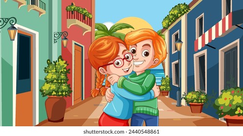 Cartoon couple hugging in a colorful alleyway