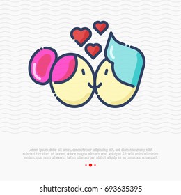 Cartoon couple is kissing and smiling. Thin line vector illustration of marriage and happiness for greeting card.