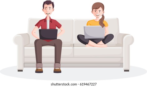 Cartoon couple with laptop computer on sofa
