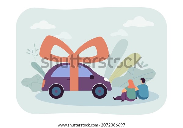 Cartoon couple looking at new car with ribbon. Man\
and woman getting automobile as gift flat vector illustration.\
Transportation, service concept for banner, website design or\
landing web page