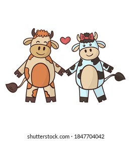 Cartoon couple in love, bull and cow holding hands. Symbol of the year 2021. Vector illustration