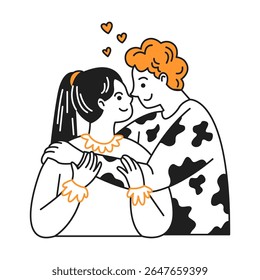 Casal de desenhos animados no amor abraçando com carinho em um fundo branco. Rostos sorridentes criam uma atmosfera alegre e harmoniosa. Ideal para expressar romance.