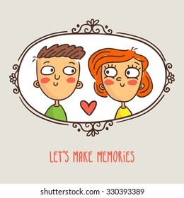 Cartoon couple in love, framed picture with lovely caption, cute vector St. Valentine's Day greeting card design template with doodle characters