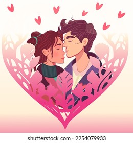 Cartoon couple in love in heart shape frame, Valentin's day romantic card