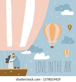 Cartoon couple in love in hot air balloon