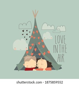Cartoon couple in love hugging in tent