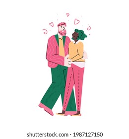Cartoon couple in love - young man and woman hugging surrounded by pink hearts. Romantic embrace of two people - flat isolated vector illustration.