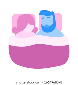 Cartoon couple lying in bed. Cartoon design icon. Colorful flat vector illustration. Isolated on white background.