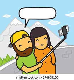 Cartoon couple making photo using smartphone and selfie stick vector illustration