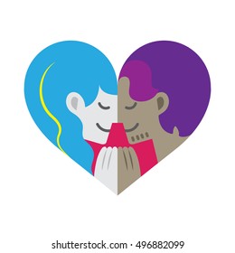 A cartoon of a couple, man and woman, facing each other while holding hands forming a colorful heart shape.