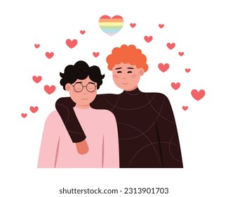 Cartoon couple of men from lgbt community hugging. Young gay couple. Pride parade against violence and discrimination. Homosexuality and tolerance. Vector