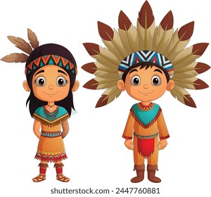 Cartoon couple native Indian American with traditional costume