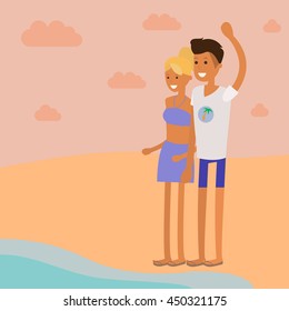 Cartoon couple on the beach vector illustration.