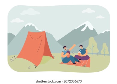 Cartoon couple on date at campsite in mountains. Girlfriend and boyfriend sitting on blanket in front of tent flat vector illustration. Romance, vacation, camping concept for banner or website design