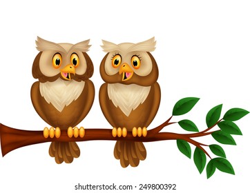 Cartoon couple owl on a branch
