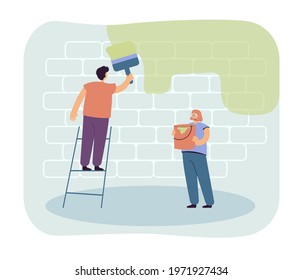 Cartoon couple painting wall together. Man with big brush on ladder, woman with can of paint flat vector illustration. Home repair, renovation concept for banner, website design or landing web page