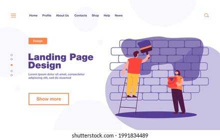 Cartoon couple painting wall together. Man with big brush on ladder, woman with can of paint flat vector illustration. Home repair, renovation concept for banner, website design or landing web page