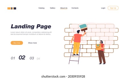 Cartoon couple painting wall together. Man with big brush on ladder, woman with can of paint flat vector illustration. Home repair, renovation concept for banner, website design or landing web page