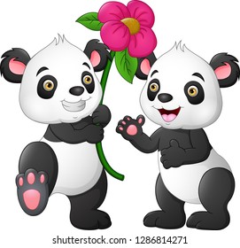 Cartoon couple panda with a flowers