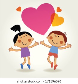 Cartoon couple of people with colored hearts. Valentine day concept. The file is saved in the version AI10 EPS. This image contains transparency.