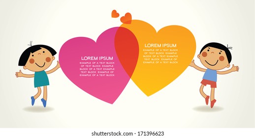 Cartoon couple of people with colored hearts. Valentine day concept. The file is saved in the version AI10 EPS. This image contains transparency.