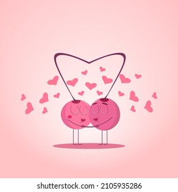 Cartoon couple pink cherry kiss and hugs. Illustration for poster  valentine's day