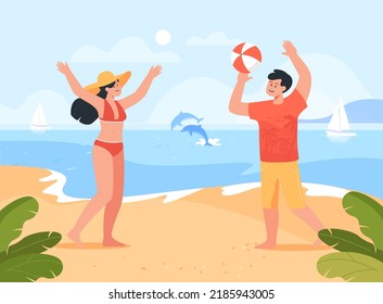 Cartoon couple playing ball games on beach. Man and woman playing beach volleyball at summer resort flat vector illustration. Summer sports, vacation concept for banner, website design or landing