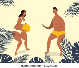 Cartoon couple playing on beach. Summer time vector illustration