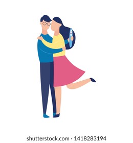 Cartoon couple with positive pregnancy test, pregnant woman hugging cheerful man, happy cartoon characters as future parents, isolated hand drawn flat vector illustration on white background