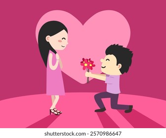 Cartoon couple proposal with man kneeling and flowers. Ideal for Valentine’s, weddings, anniversaries, posters, invitations, and designs celebrating love, romance, and bonding.