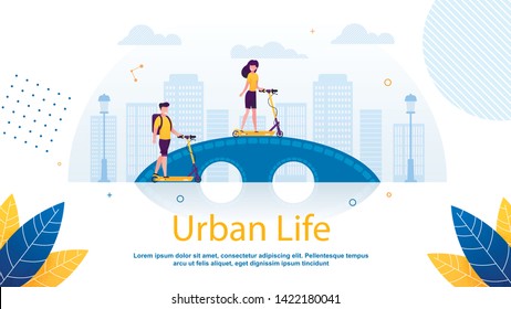 Cartoon Couple Riding Scooters over Bridge in Park or Green Area Banner Vector Illustration. Girl and Boy Moving around Town and Having Tour. Spending Free Time Together. Urban Life. Cityscape.