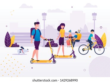 Cartoon Couple Riding Scooters in Park or Green Area with Dog Boy Riding Bike Vector Illustration. Girl and Boy Spending Free Time Together. Urban Life. Cityscape. Granparents Sitting.