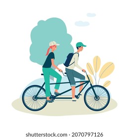 Cartoon couple riding tandem bicycle in summer - young man and woman sitting on double joint bike and smiling. Flat isolated vector illustration on white background.