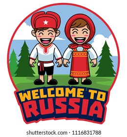 cartoon of couple russian kids in traditional dress