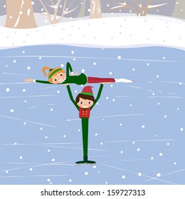 Cartoon couple scating wearing Christmas Elves costumes.Vector winter illustration.