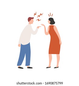 Cartoon couple scream each other having conflict vector flat illustration. Quarrel of annoyed colorful man and woman isolated on white background. Female and male character shouting