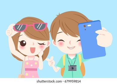 cartoon couple selfie happily on he blue background