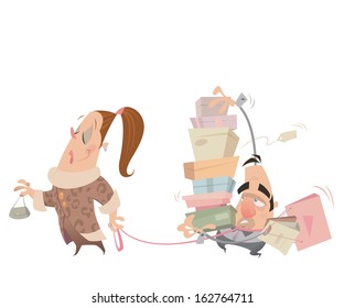 Cartoon couple shopping in stores and woman has a lash in his husband neck while he is unhappy and carrying many bags and packages