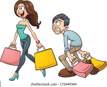 Cartoon couple shopping. Vector clip art illustration with simple gradients. Each character on a separate layer. 