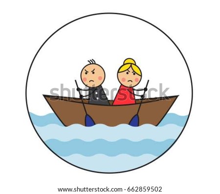 The cartoon couple is sitting in the dock and rowing in different directions. A picture symbolizes a dispute and the inability to accept the opinion of another person