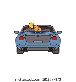 Cartoon couple sitting inside blue car with open roof seen from back view - young man and woman in drive through. Flat vector illustration isolated on white background.