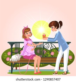 Cartoon couple sitting on bench in park