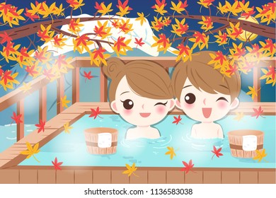 cartoon couple smile and enjoy with hot spring