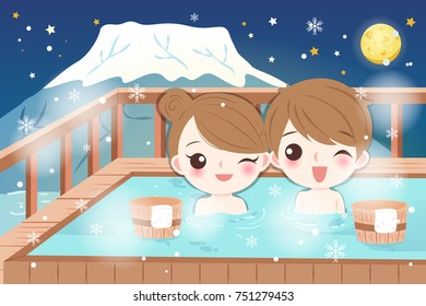cartoon couple smile and enjoy with hot spring