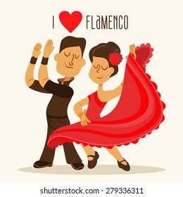 Cartoon couple of spanish flamenco dancers. Vector illustration in vintage style