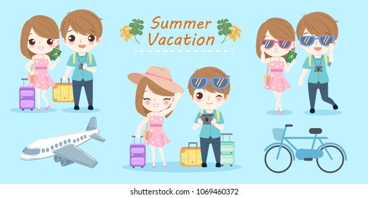 cartoon couple with summer vacation on the blue background