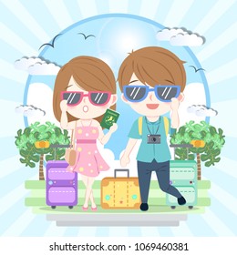 cartoon couple with summer vacation on the blue background