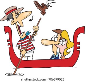 Cartoon Couple Taking A Ride In A Gondola With A Gondolier Singing Very Badly Who Is About To Get A Boot In The Head